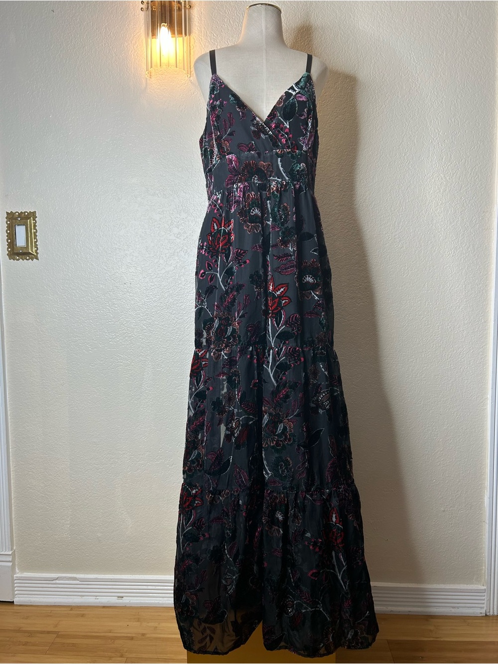 Hutch Dark Floral V-Neck Maxi Dress with Pink & Teal Accents